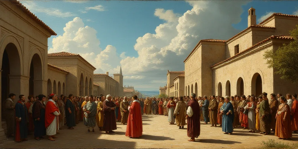 a group of people walking down a street next to a crowd of people standing around a building with a