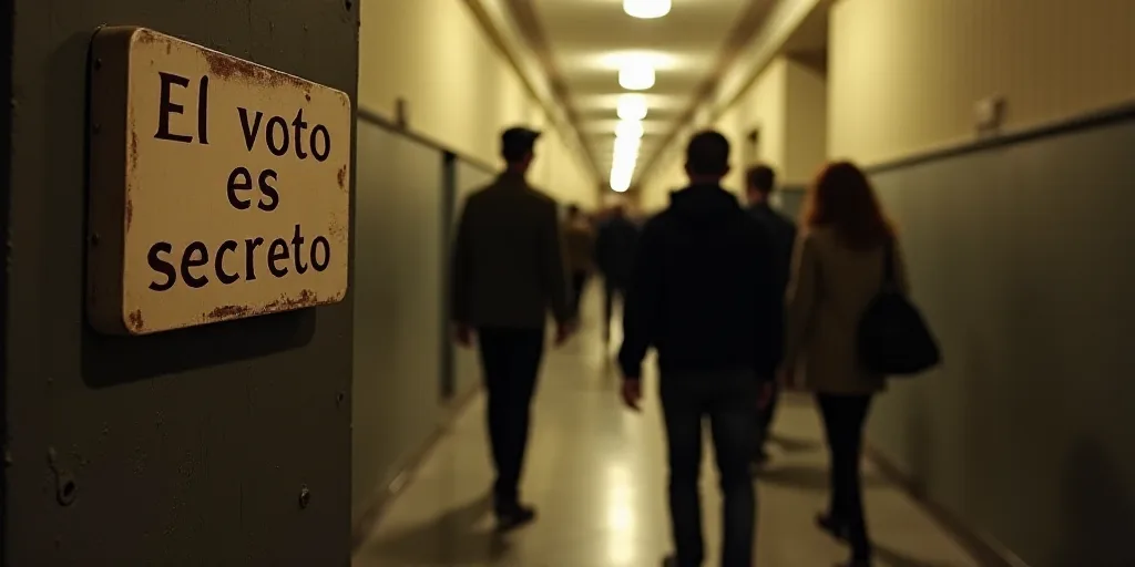 a group of people walking down a hallway next to a sign that says el voto es secreto, Ceferí Olivé