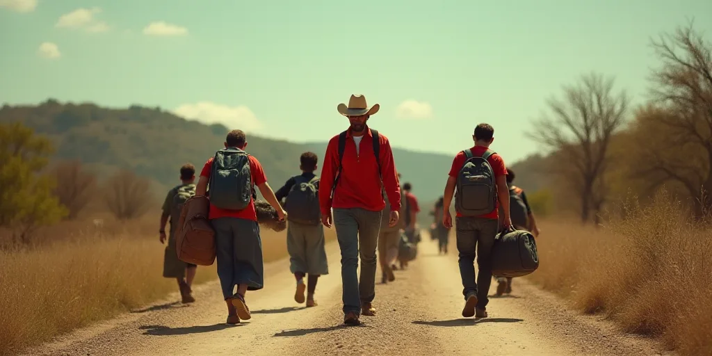 a group of people walking down a dirt road with bags of luggage on their backs and a man in a red sh