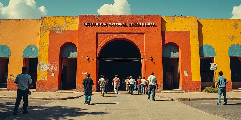 a group of people walking in front of a building with a sign that says institution national electric