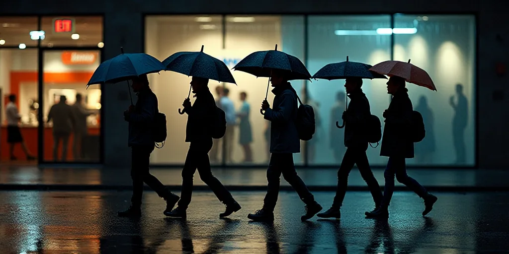 a group of people walking in front of a store with umbrellas in the rain, with a sign in the backgro