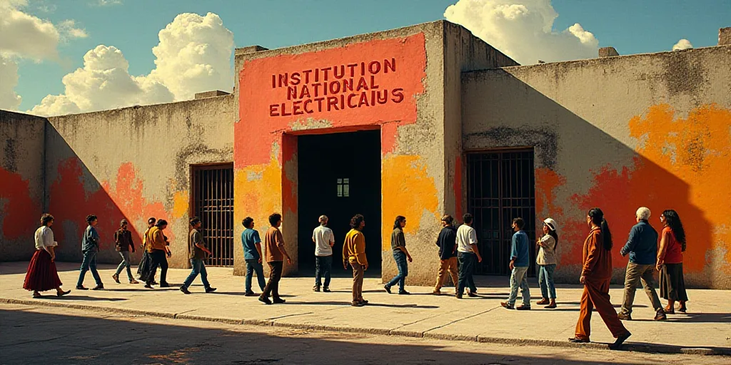 a group of people walking in front of a building with a sign that says institution national electric