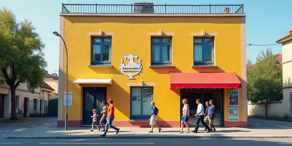 a group of people walking past a building with a sign on it's side that says baumunder, Bernat Sanju