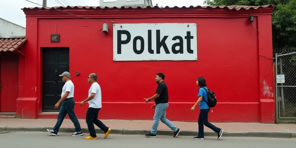 a group of people walking past a red building with a sign that says polkat on it and a few people wa