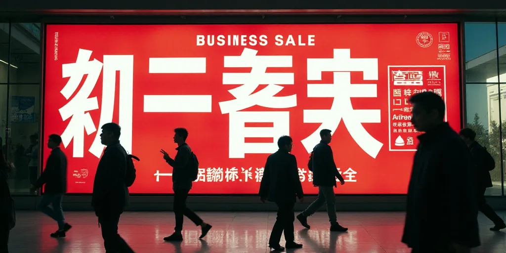 a group of people walking past a large advertisement for a business sale in china, with asian charac