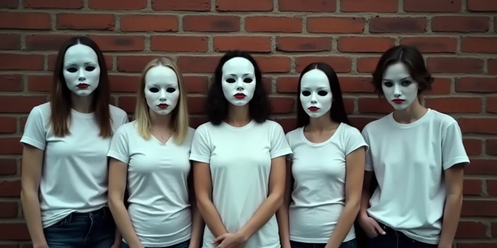a group of people wearing white shirts and wearing masks and standing in a line with a brick wall be