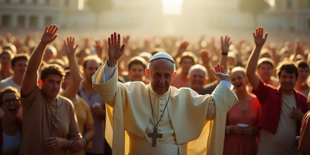 a group of people with their hands up in the air and a pope waving to the crowd with his hand, Fra A