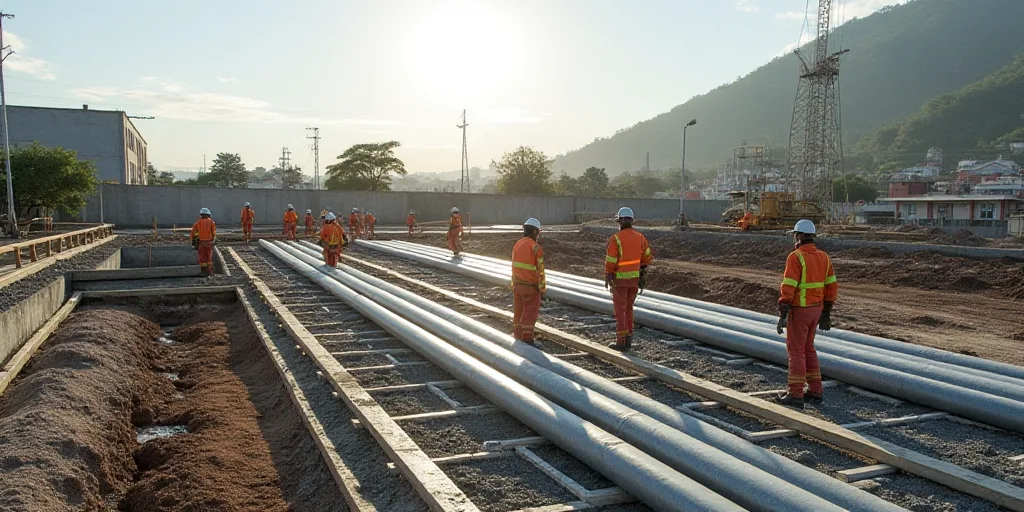 a group of people working on a construction site with concrete pourings and steel bars in the foregr