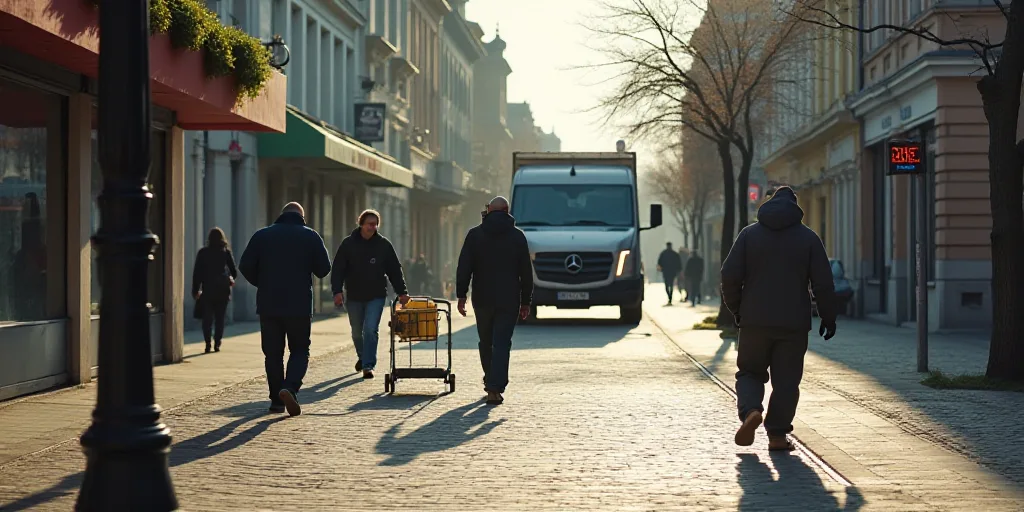 a group of people working on a brick sidewalk in a city area with a truck in the background and a fe