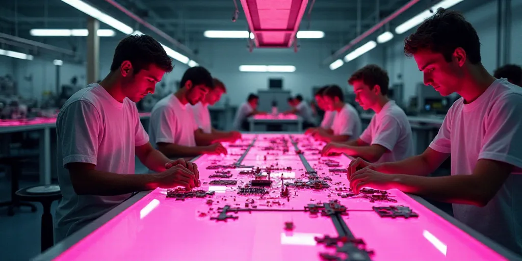 a group of people working on electronics in a factory or factory room with a pink table and a pink t