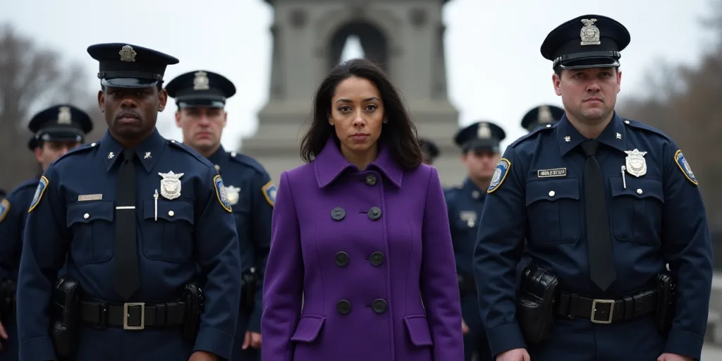 a group of police officers standing next to each other in front of a monument with a woman in a purp