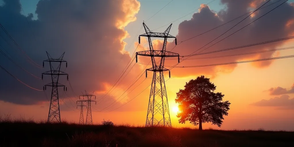 a group of power lines in the sky at sunset or dawn with clouds in the background and a silhouette o