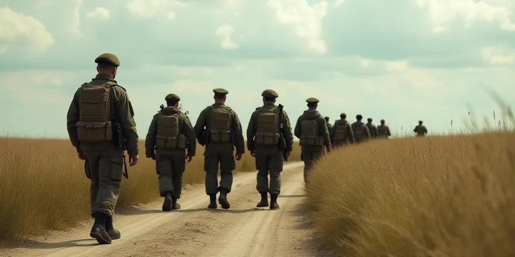 a group of soldiers walking down a dirt road in a field with tall grass and a sky background with cl