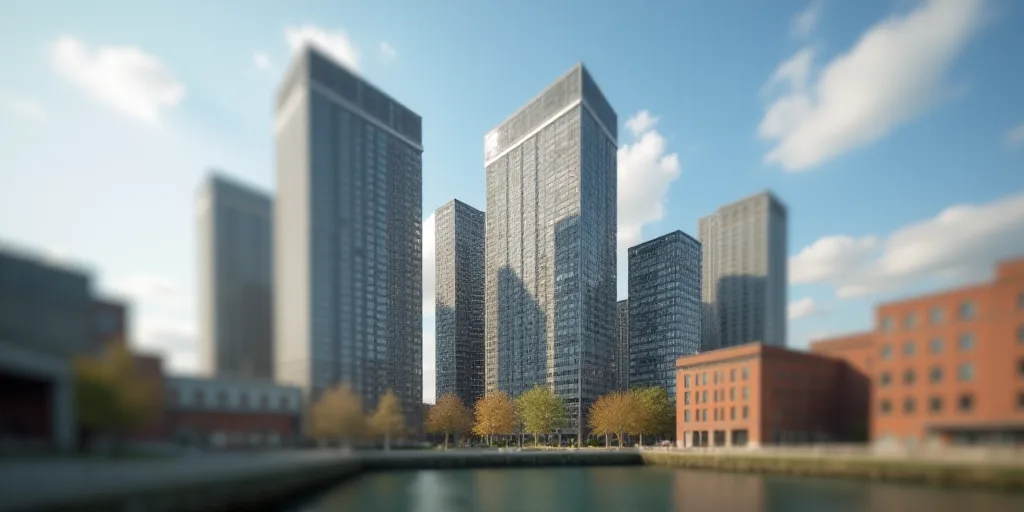 a group of tall buildings with a sky background and a few clouds in the sky above them, with a few b