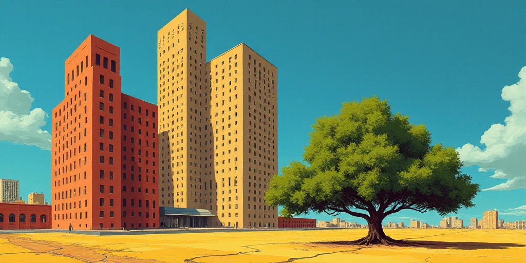 a group of tall buildings with a sky background and a tree in the foreground with a blue sky, David