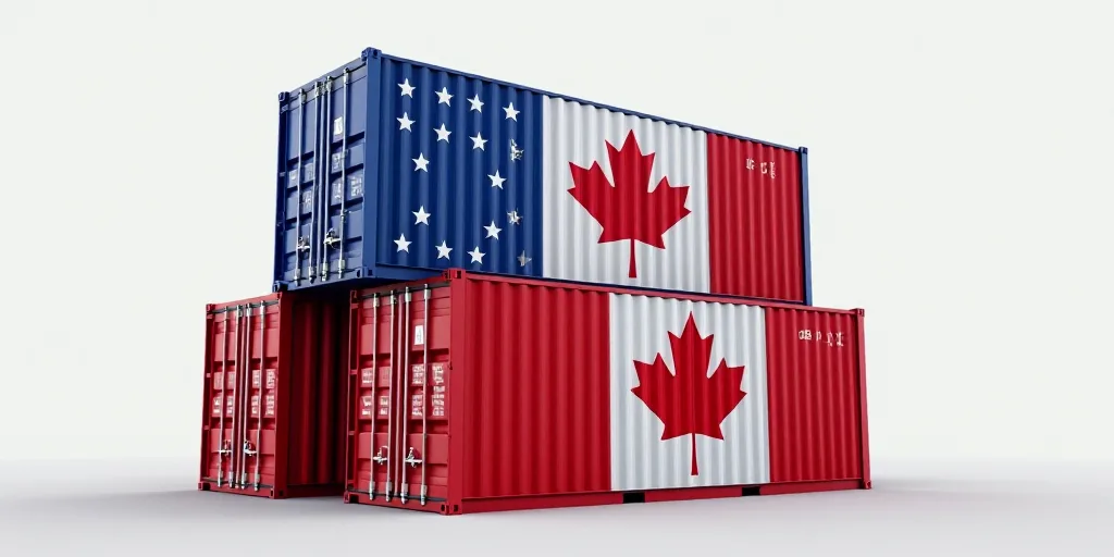 a group of three shipping containers with the flags of the united states and canada on them, all sta