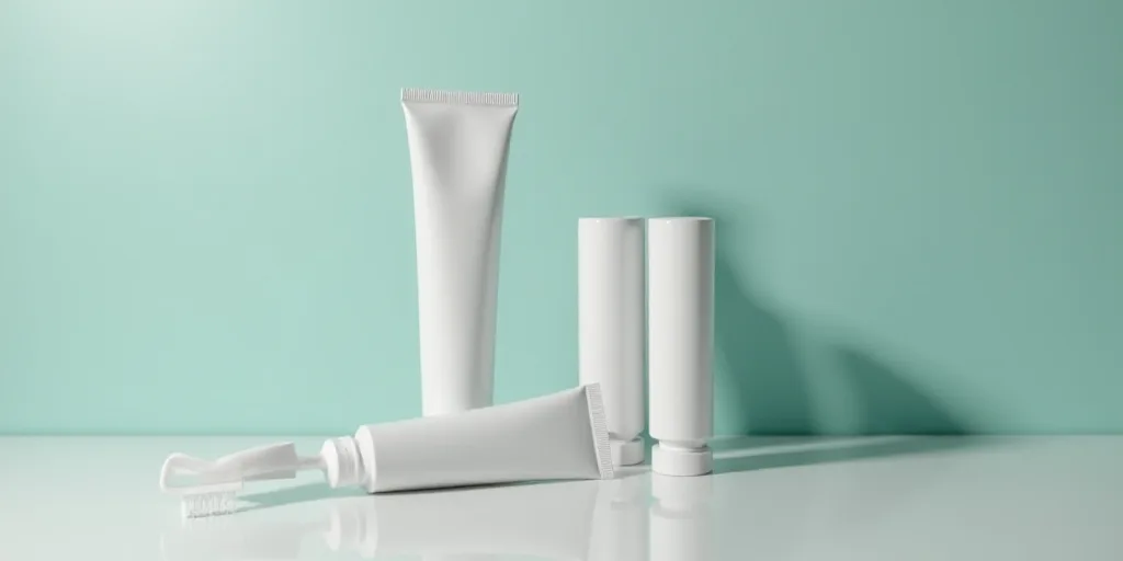 a group of toothpaste tubes sitting on top of each other on a table next to a tube of toothpaste, Ch