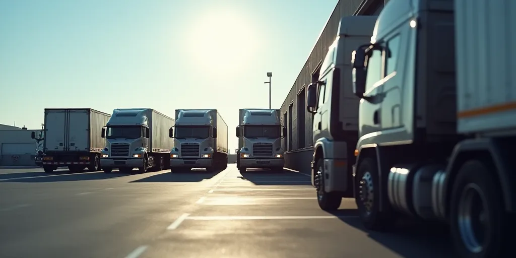 a group of trucks parked next to each other on a parking lot next to a loading dock and a loading do