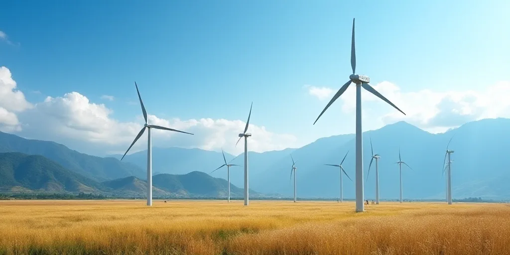 a group of wind turbines in a field with mountains in the background and a blue sky with clouds in t