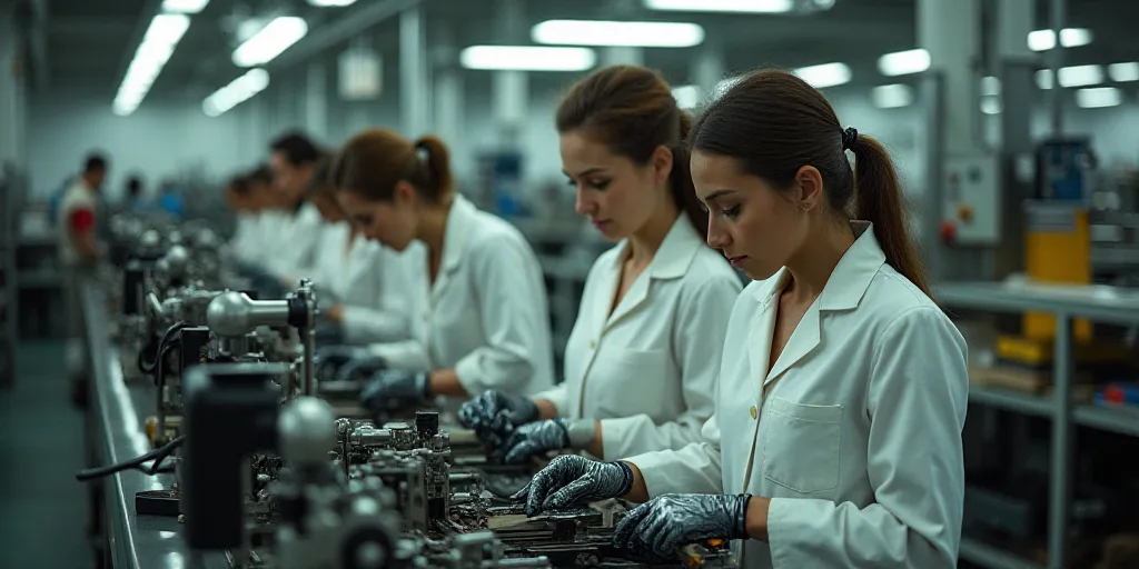 a group of women working on a machine in a factory or assembly line with a man in the background, Á