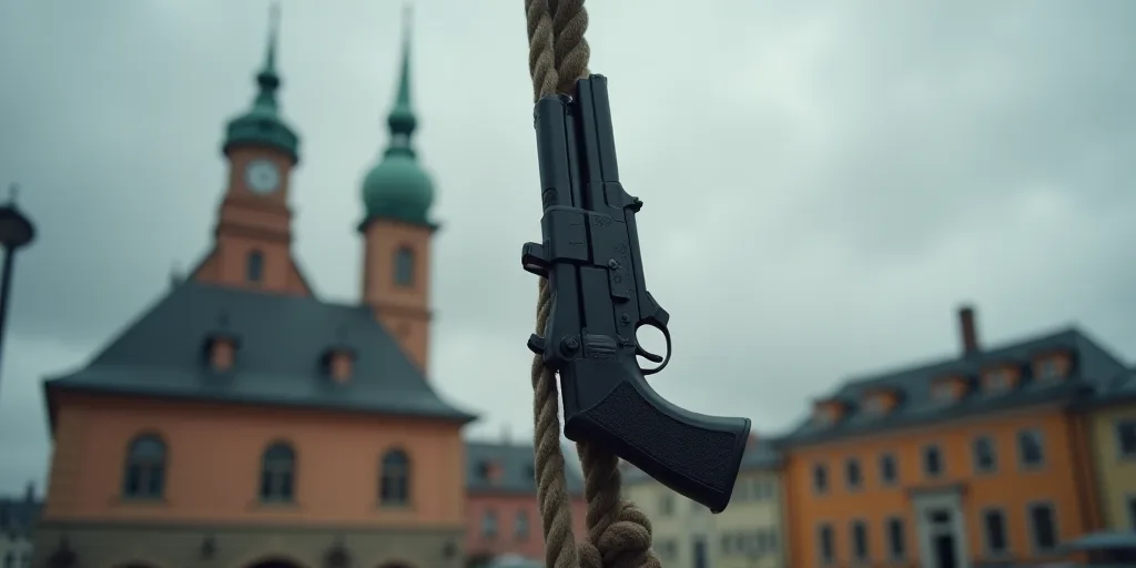 a gun is hanging from a rope in front of a building with a clock tower in the background and a cloud
