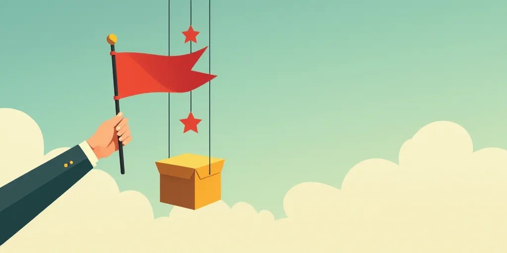 a hand holding a flag and a box with a flag on it is suspended by strings with a crane, Andries Stoc