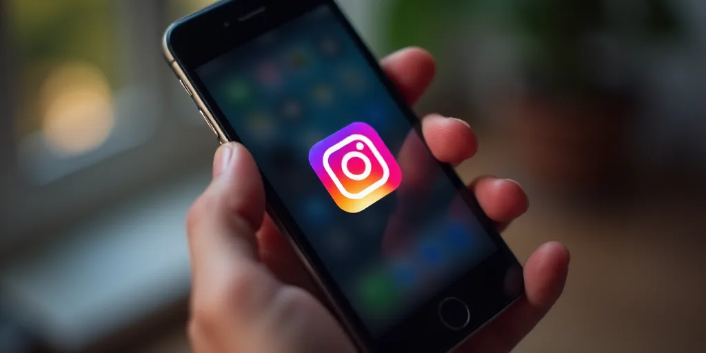 a hand is pressing the instagram button on an iphone screen with the instagram logo on it and a hand
