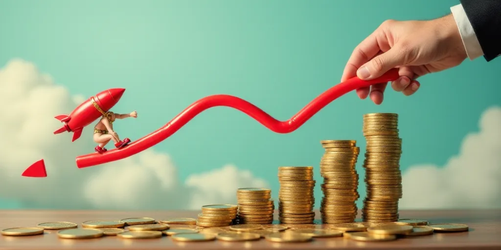 a hand is pulling a red arrow over stacks of coins and a woman is riding a rocket on top of stacks o