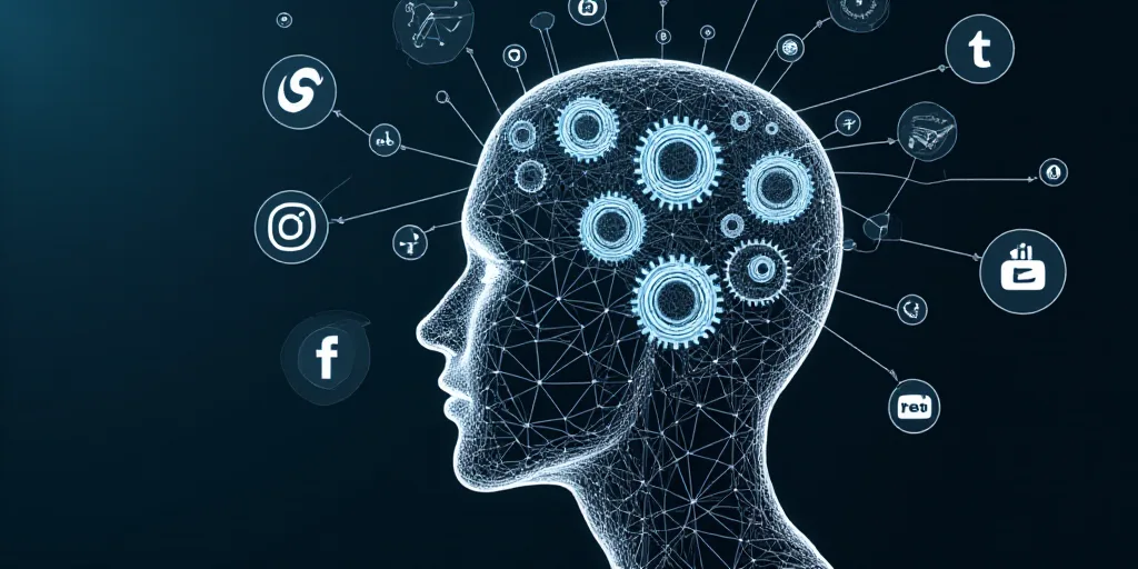 a head with gears inside of it and icons surrounding it in the center of the image are icons of soci