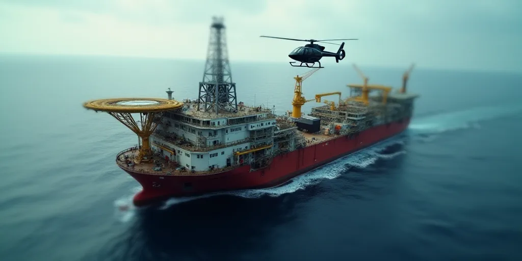 a helicopter is flying over a large oil rig in the ocean with a helicopter nearby on the deck of the
