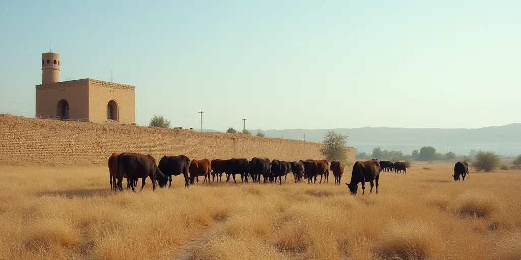 a herd of cattle grazing on a dry grass field next to a wall and a building with a tower, Bouchta El