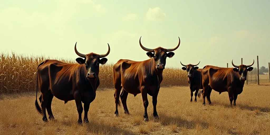 a herd of cattle standing on top of a dry grass field next to a field of corn stalks and a fence, An
