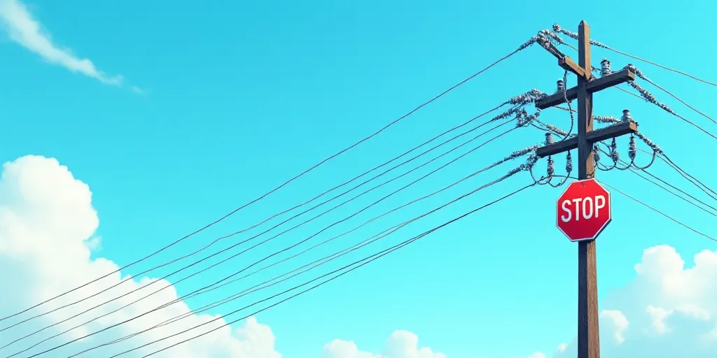 a high voltage power line with a blue sky in the background and a stop sign on the side of the pole,