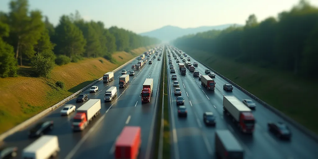 a highway filled with lots of traffic next to a highway with lots of traffic on it and a bunch of tr
