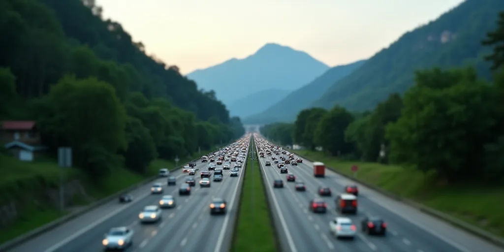 a highway with a bunch of cars driving on it and a mountain in the background with trees on the side