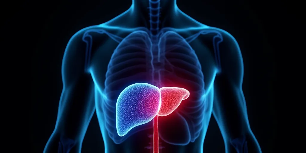 a human body with the liver highlighted in blue and red colors, with a black background and a black
