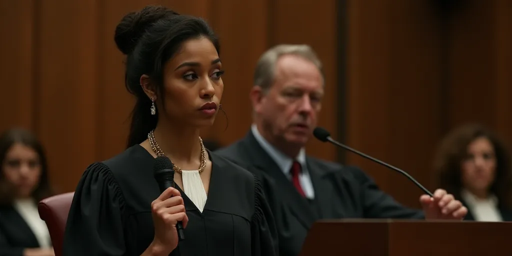 a judge in a courtroom with a microphone in her hand and a judge's gown on her shoulder, Araceli Gil