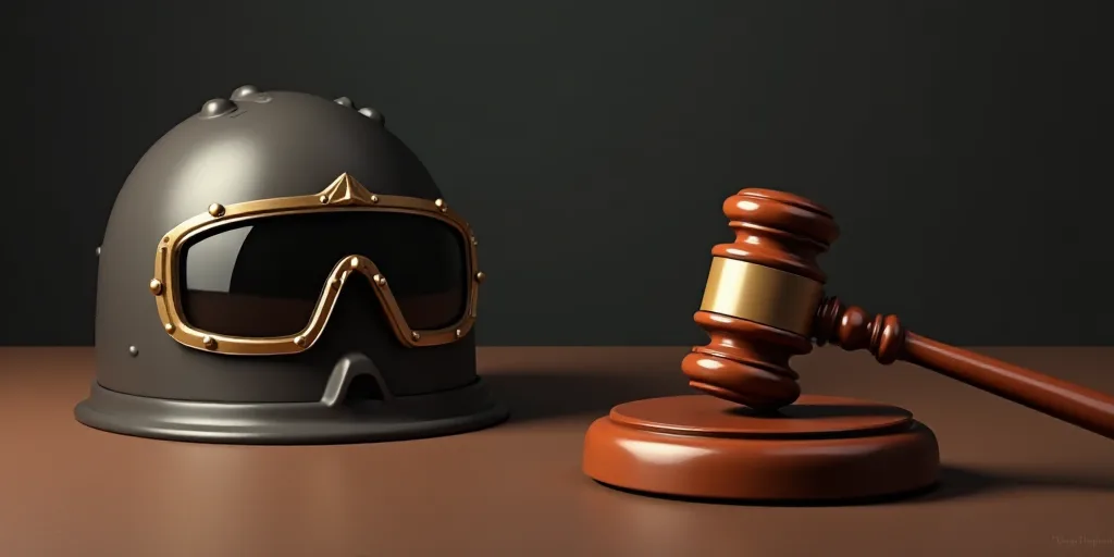 a judge's gavel and a helmet on a table with a pair of goggles on it, Evelyn Abelson, well - rendere