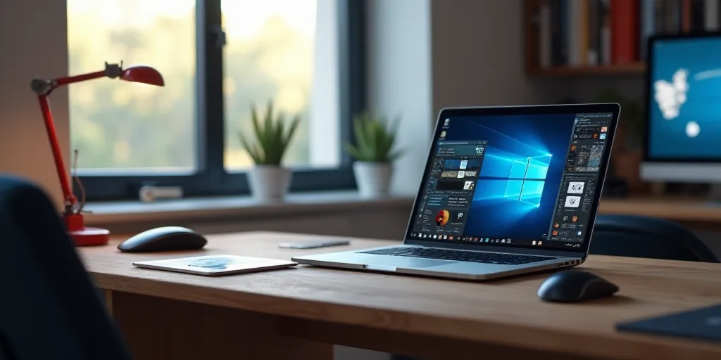 a laptop computer sitting on top of a wooden desk next to a window with logos on it and a mouse, And