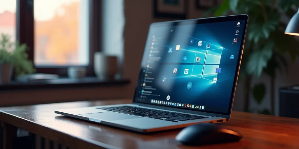 a laptop computer sitting on top of a wooden desk next to a window with logos on it and a mouse, And