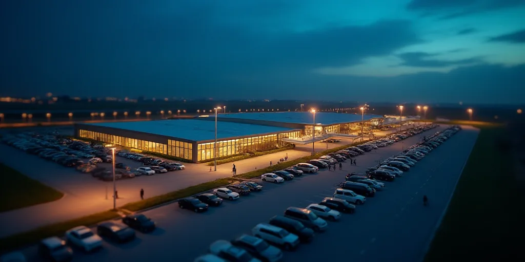 a large airport with a lot of cars parked in front of it at night time, with a few people walking ar