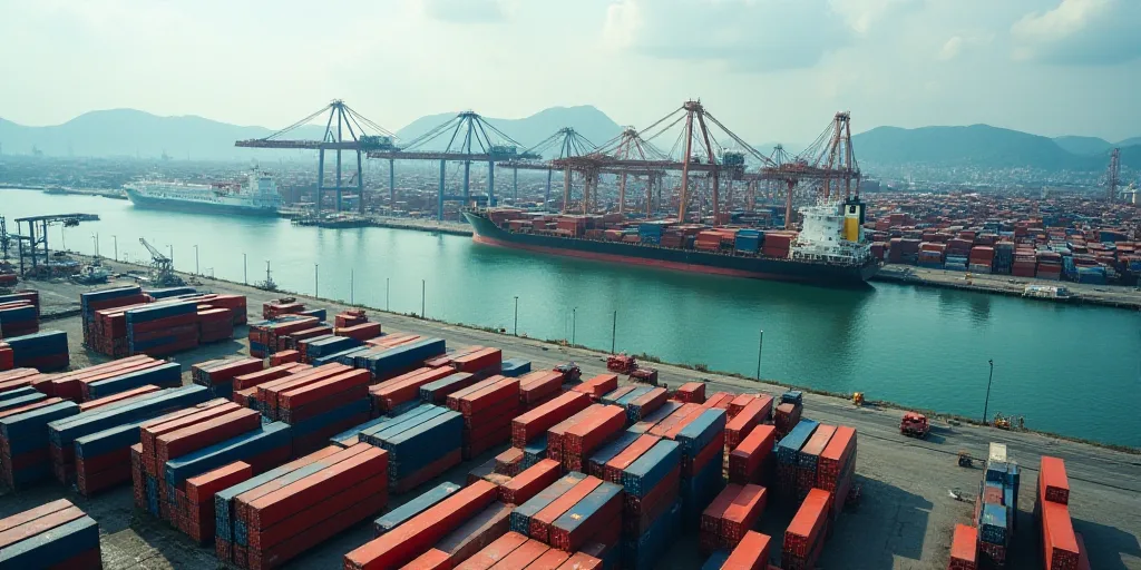 a large amount of containers are stacked up in a harbor area with a large ship in the background and