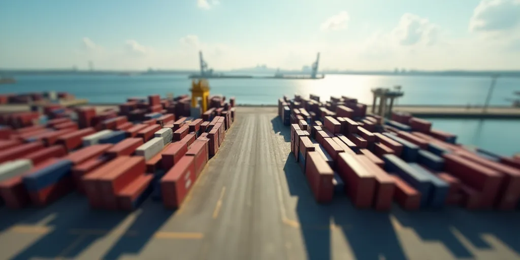 a large amount of containers are stacked up in a large container yard with a large body of water in