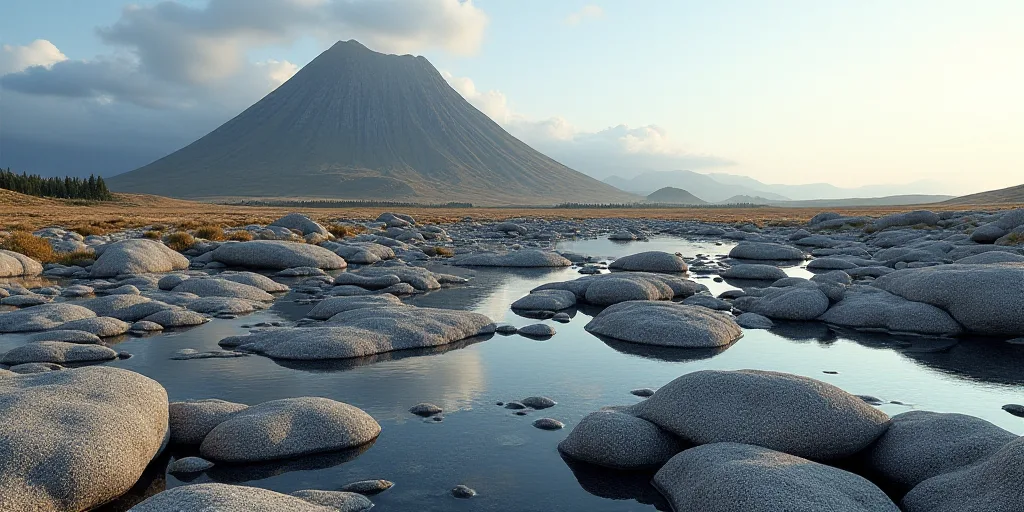 a large area of rocks with a mountain in the background and a sky line in the distance with a few tr
