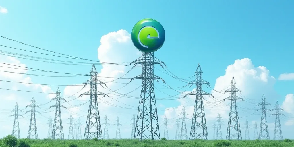 a large array of electrical towers with a green and blue logo on top of it and a blue and white back