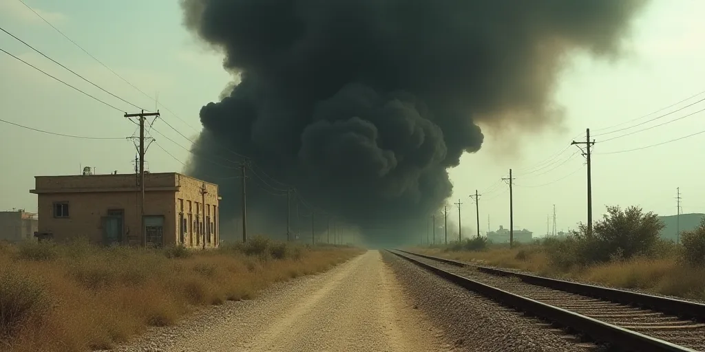 a large black cloud of smoke billowing out of a building on a dirt road next to a train track, Bouch
