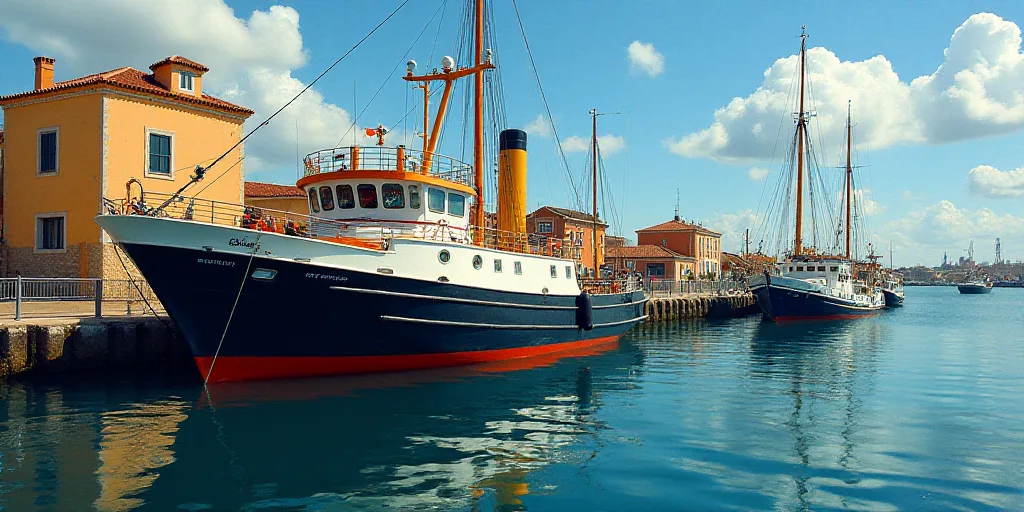 a large boat docked at a dock with other boats in the water and a building in the background with a