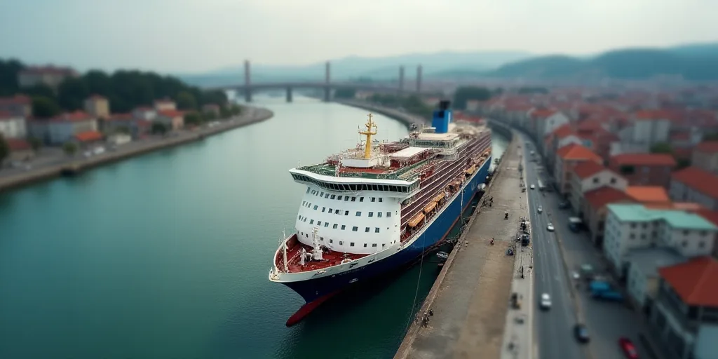 a large boat is docked in a harbor next to a city and a river with a bridge and a few cars, Esaias B