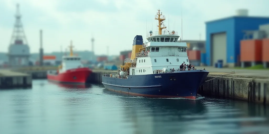 a large boat is in the water near a dock with a blue and white structure in the background and a red
