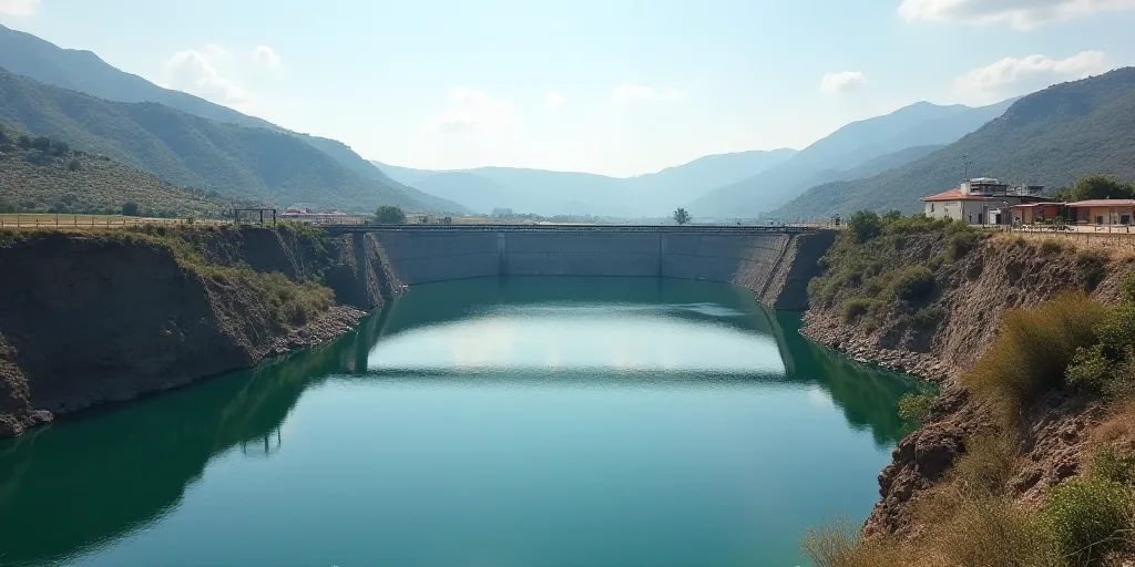 a large body of water near a large dam with a bridge over it and a few buildings on the other side,